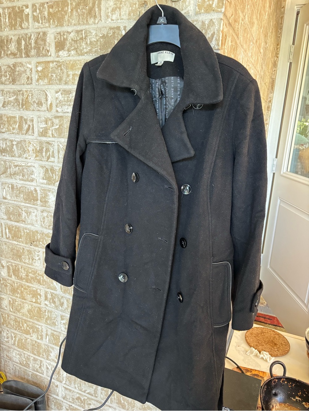 Anne Klein Black Double-Breasted Wool Pea Coat